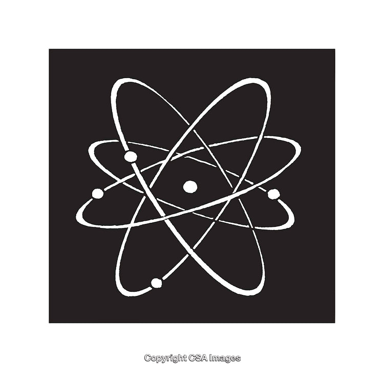 Black and White Atomic Structure Line Art Illustration on Dark Background