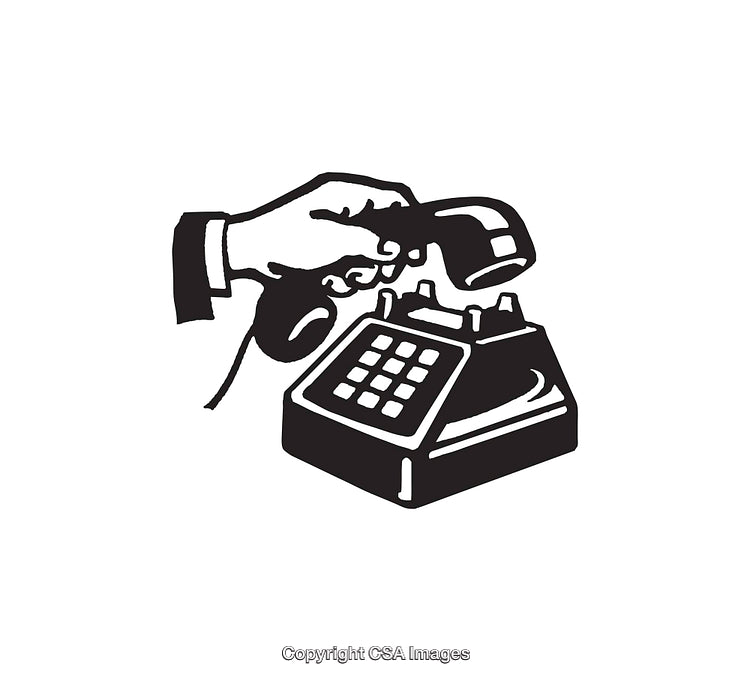 Black and White Line Art of a Vintage Telephone with a Hand