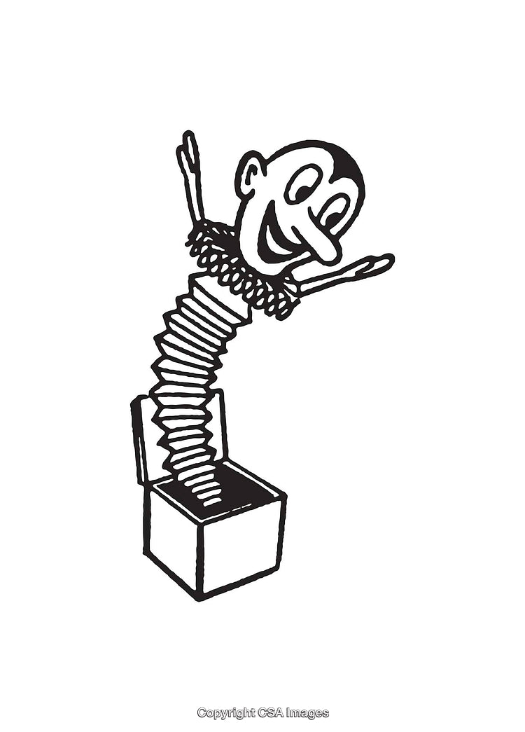 Black And White Line Art Illustration of a Jack-in-the-Box Toy