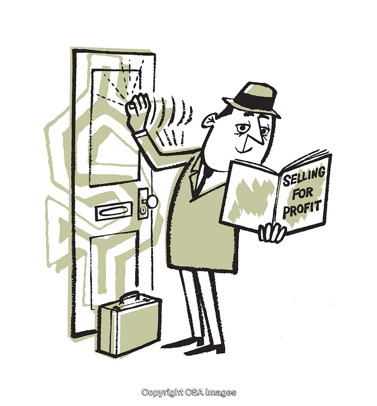 Retro Illustration of Salesman Knocking on Door With Selling Book