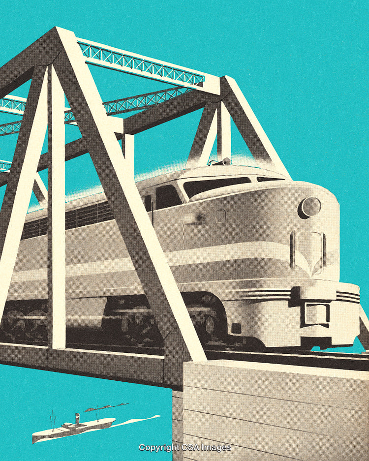 Stylized Art of a Train on a Bridge With Blue Sky Backdrop