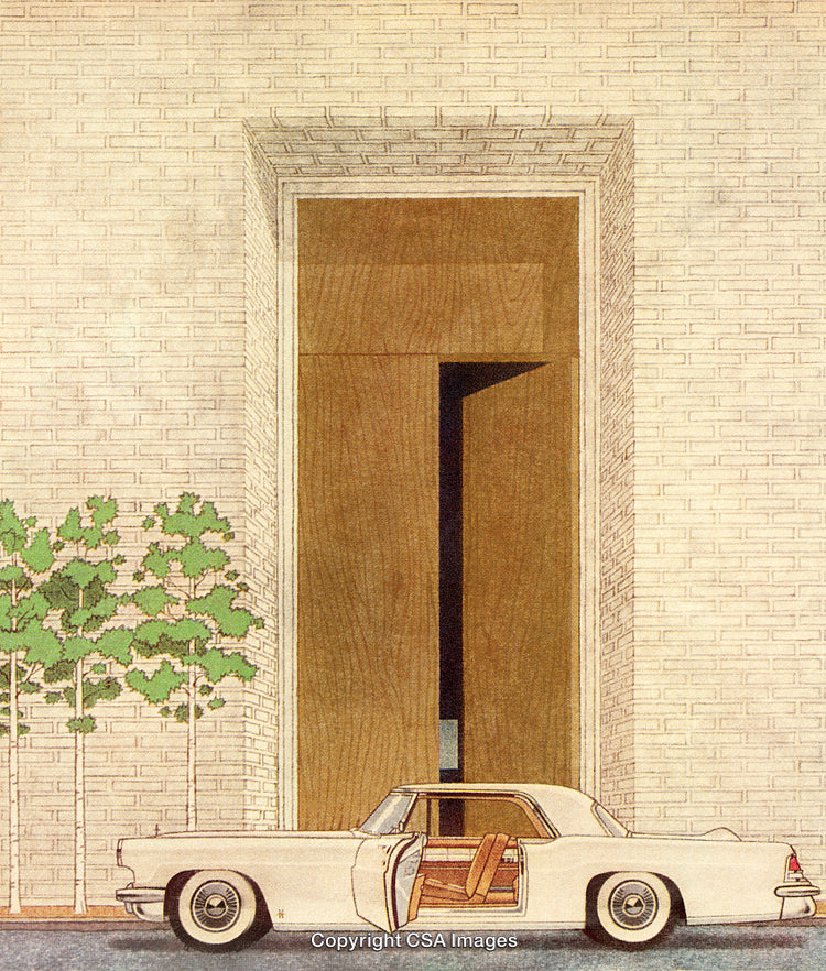 Classic White Car Parked by Contemporary Building Entrance in Artistic Style
