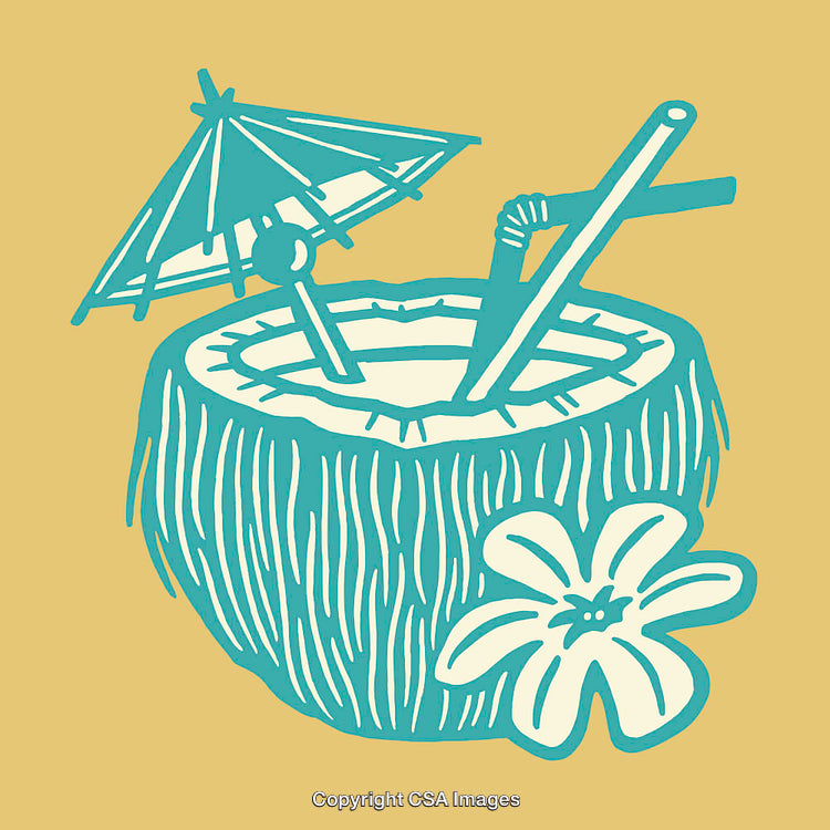 Colorful Tropical Coconut Drink Illustration with Umbrella and Floral Decor