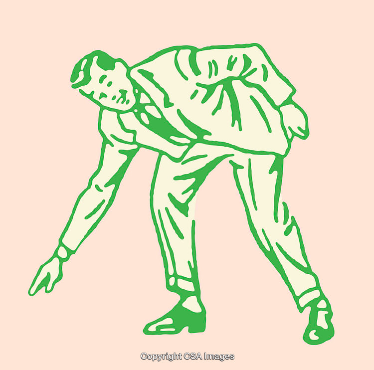 Vintage Line Art Illustration of a Businessman Bending Down in Green Tones