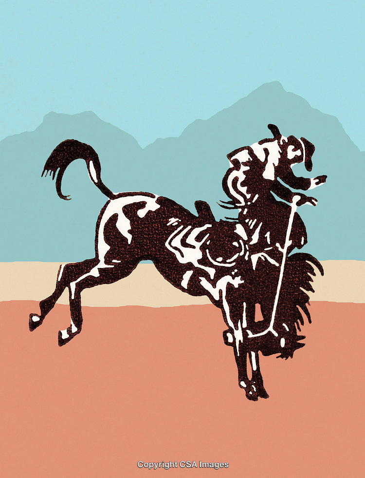 Vibrant Illustration of Rodeo Rider on Horse in Desert Landscape