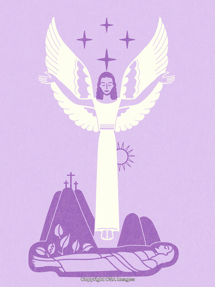 Angel in Abstract Graphic Design with Cross and Spiritual Themes