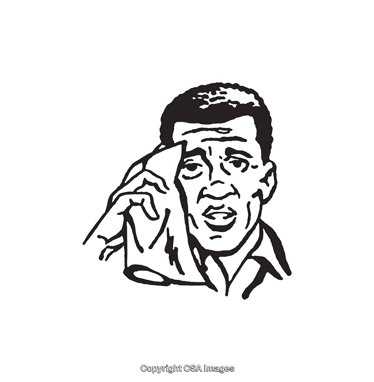 Black and White Line Art of Man Sweating and Wiping Face