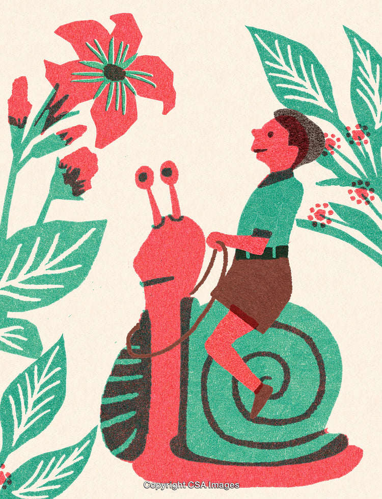 Whimsical Illustration of a Boy Riding a Snail in a Floral Setting
