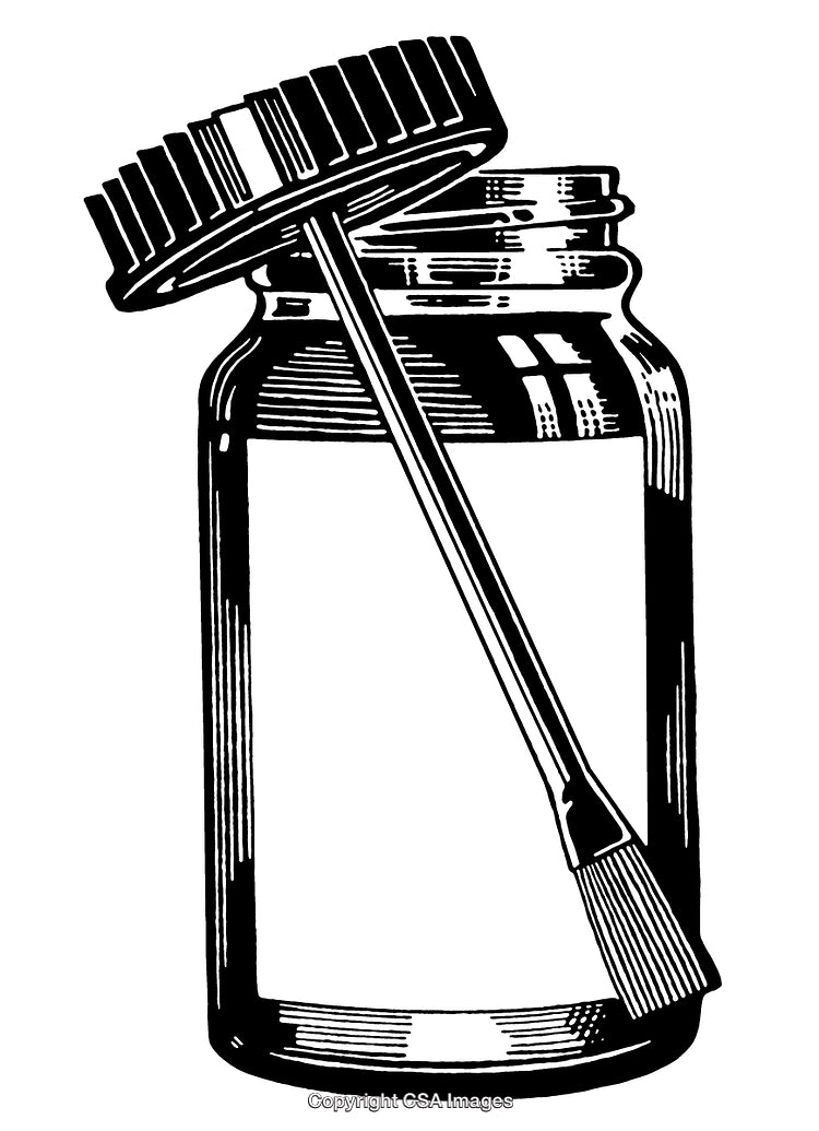 Black and White Engraving of a Jar With Applicator Brush Inside