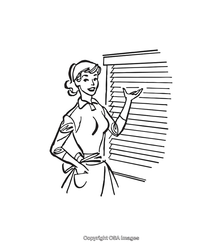 Vintage Illustration of a Woman Demonstrating Window Blinds Adjustments
