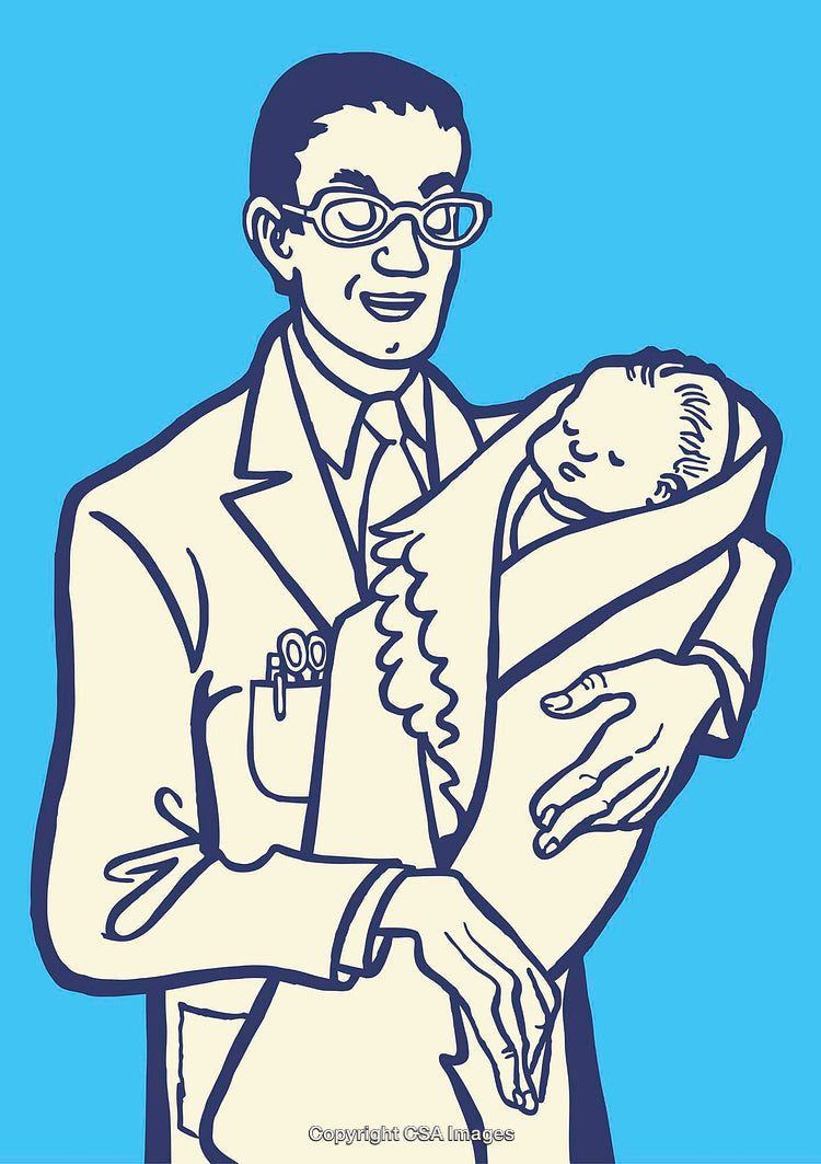 Vintage Style Illustration of Doctor Holding Swaddled Newborn Baby