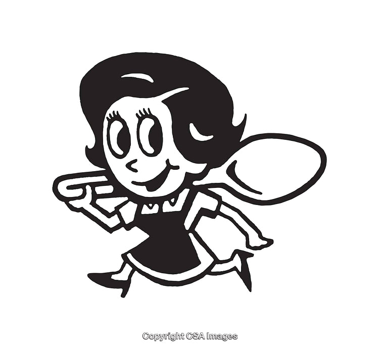 Black and White Retro Line Art of a Woman with a Spoon