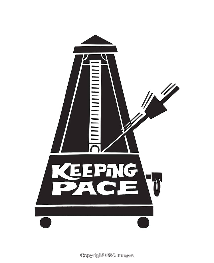 Black and White Line Art Illustration of a Metronome with Text