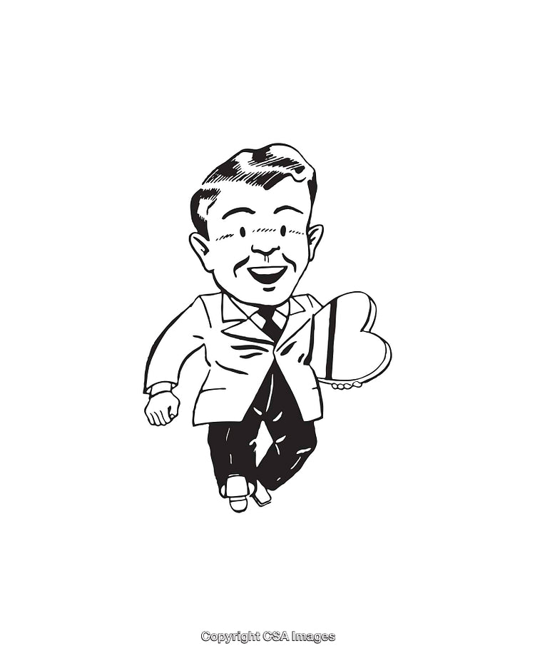 Smiling Man in Suit with Heart Box Line Art Illustration