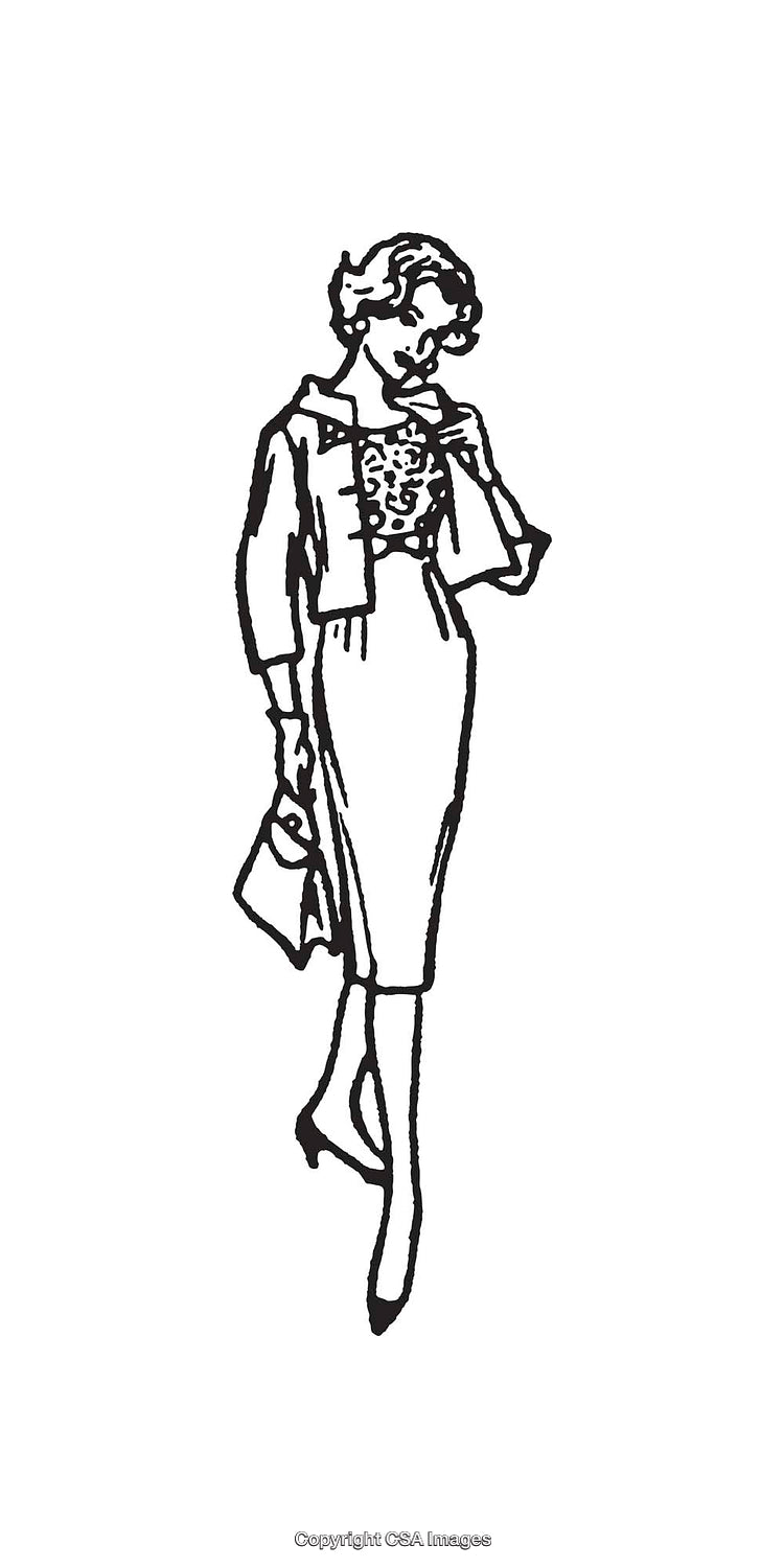 Vintage Black and White Fashion Line Art of a Stylish Woman