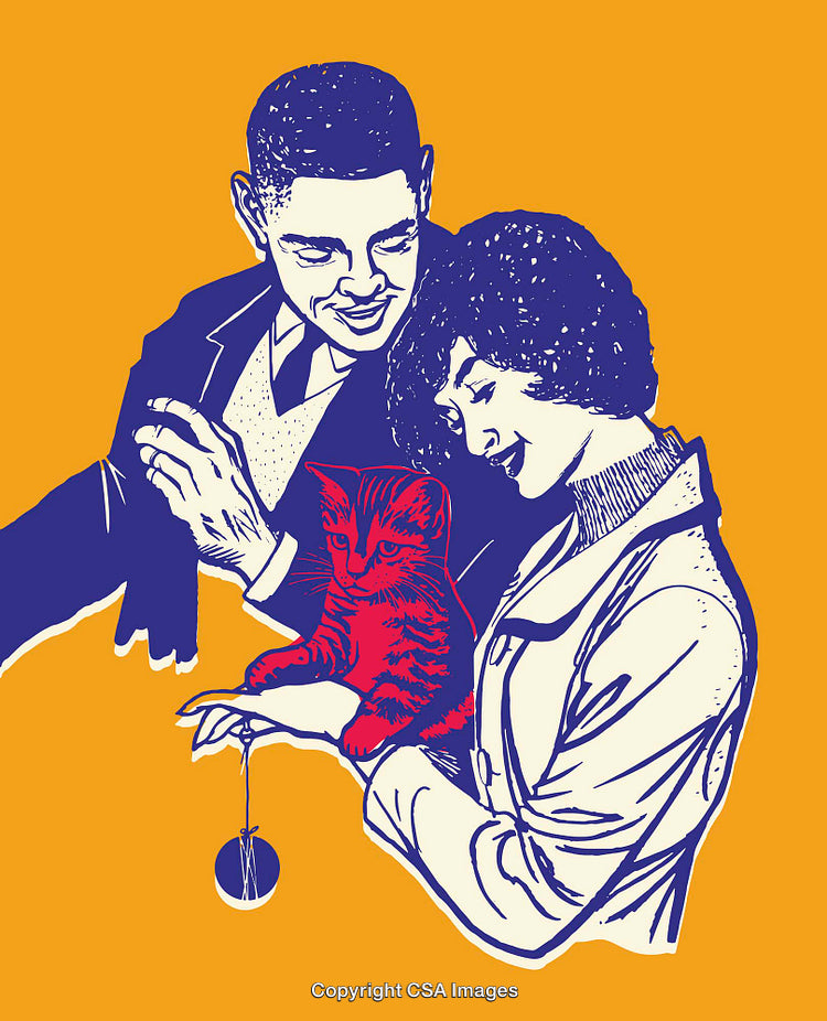 Artistic Color Line Illustration of Couple with Red Cat on Yellow Background