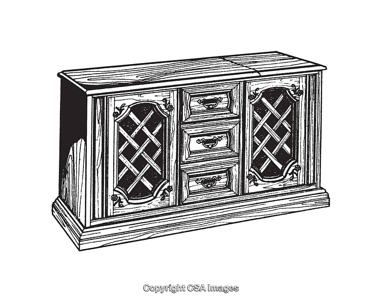 Black and White Illustration of a Decorative Wooden Furniture Cabinet