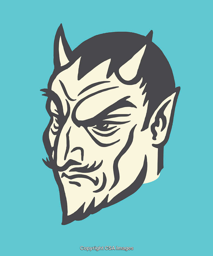 Vintage Line Art Illustration of a Devilish Face on Solid Background