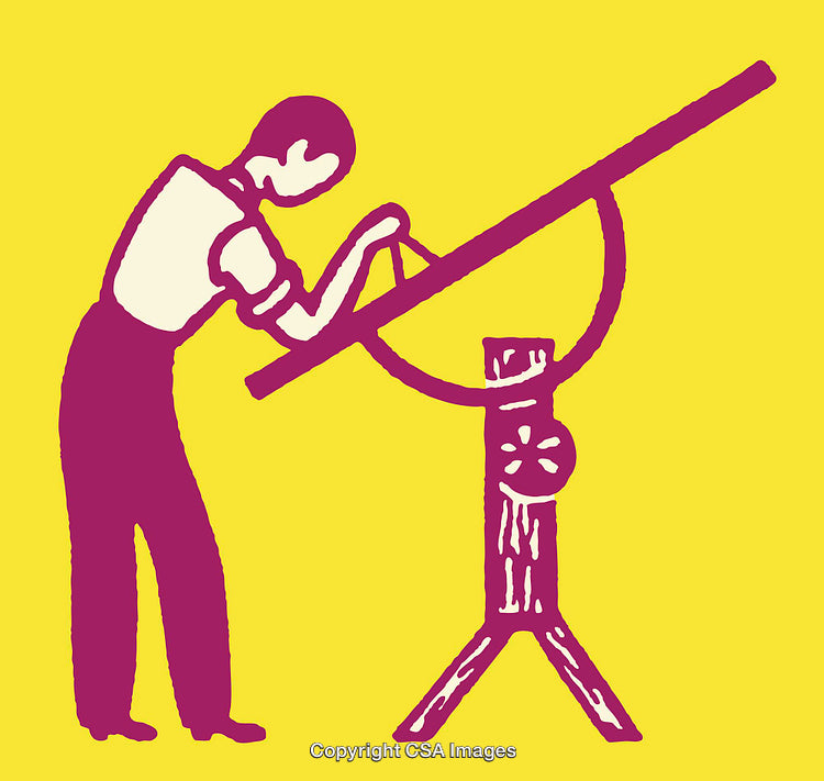 Illustration of a Person Observing Through a Telescope on Yellow Background