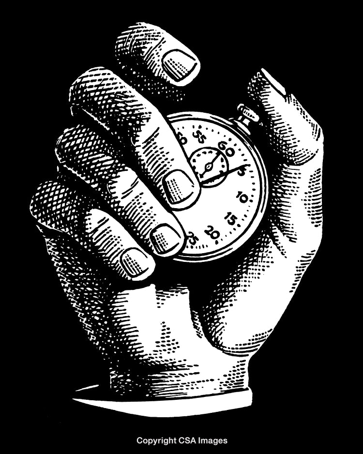 Detailed Black and White Engraving of a Hand Holding a Stopwatch