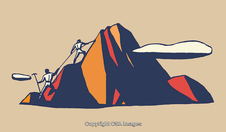 Minimalist Illustration of Climbers Ascending a Mountain