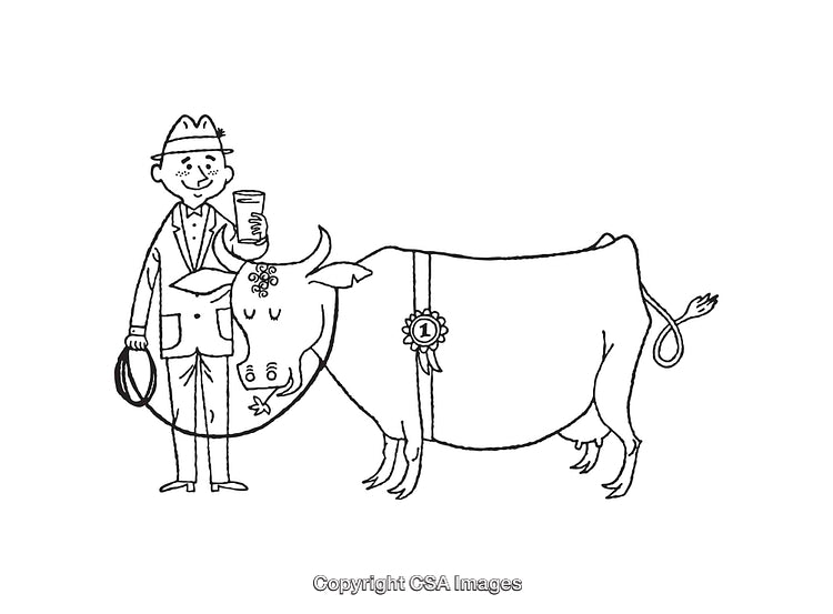Black and White Line Art of a Farmer with Prize-Winning Cow