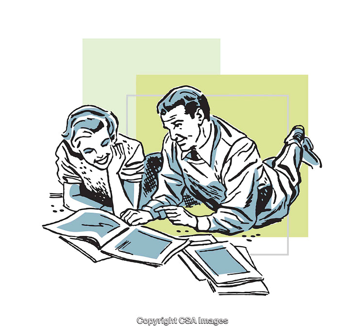 Retro Illustration of Couple Studying Together With Open Books