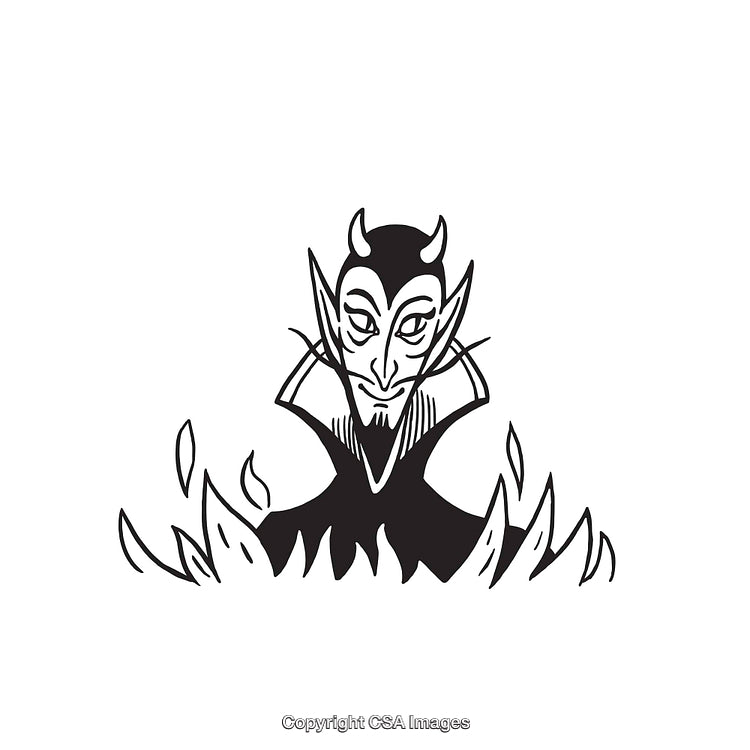 Stylized Black and White Drawing of a Mysterious Creature with Horns and Flames