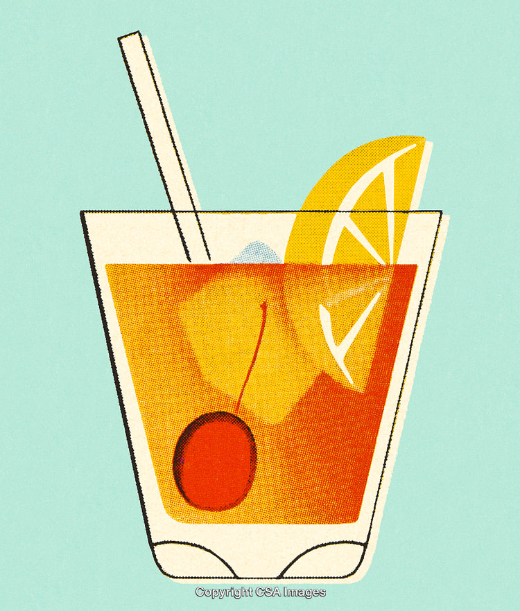 Stylized Drink Illustration With Lemon, Cherry, and Straw on Cyan Background