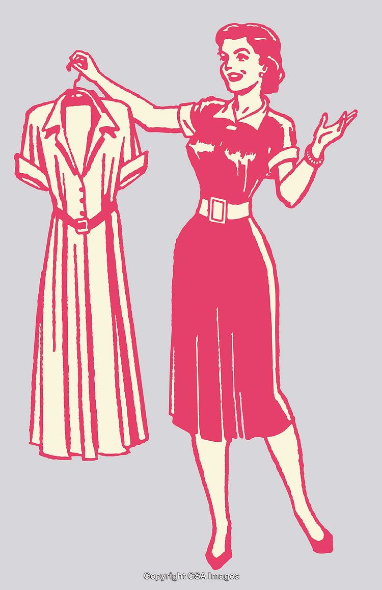 Retro Illustration of a Woman Displaying a Stylish Dress on a Hanger