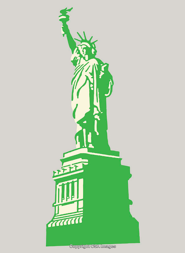 Green Line Art Illustration of the Statue of Liberty Against a Neutral Background