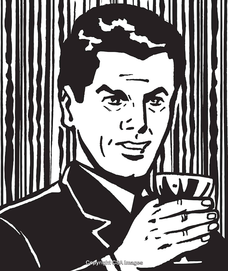 Vintage Black And White Illustration of a Man Holding a Glass