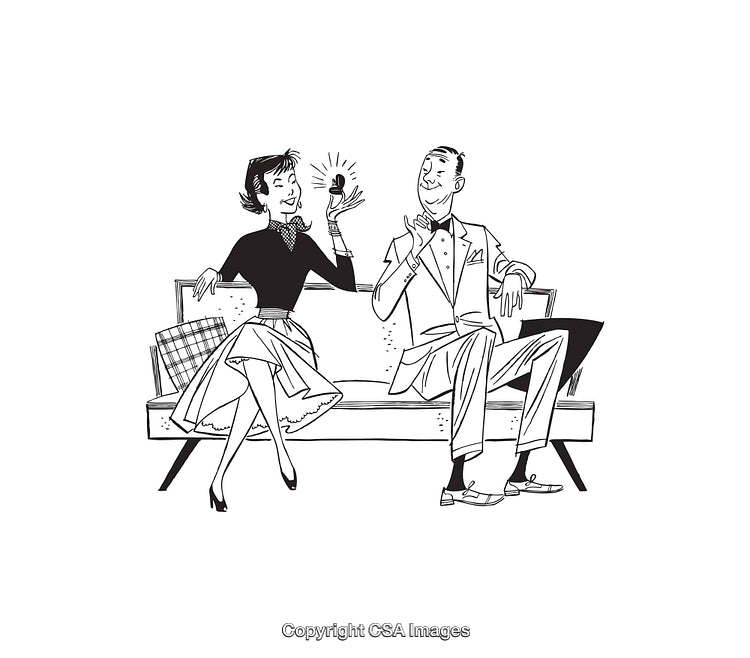 Vintage-Style Line Art of a Couple Sitting on a Bench With Joy