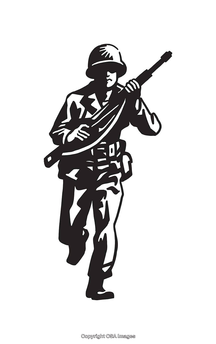 Black and White Line Art Soldier Carrying a Rifle in Motion