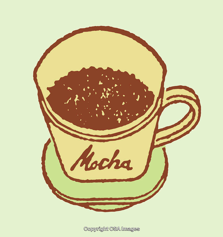 Hand-Drawn Illustration of a Coffee Cup with Mocha Label on Pastel Background