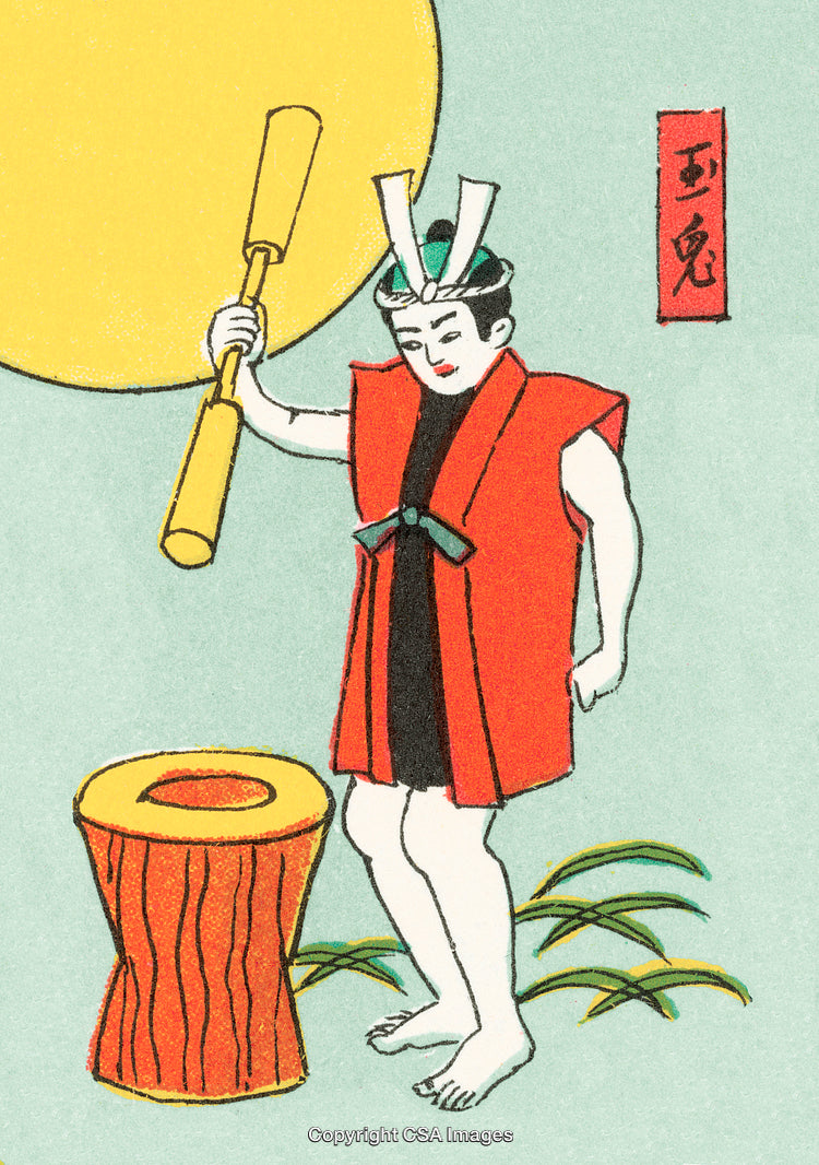 Traditional Japanese Festival Depiction with Wooden Mallet and Moonlit Background