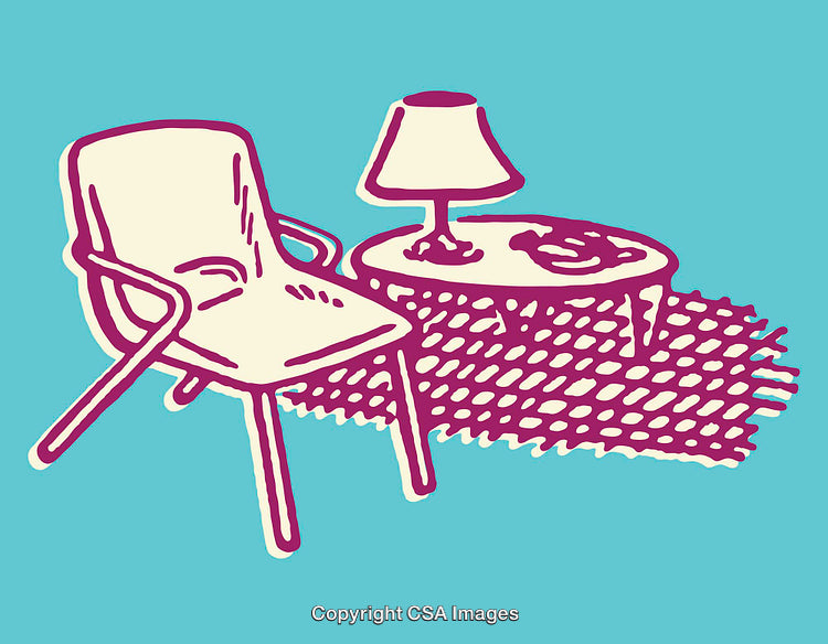 Cozy Living Room Illustration with Chair, Table, and Lamp on Rug