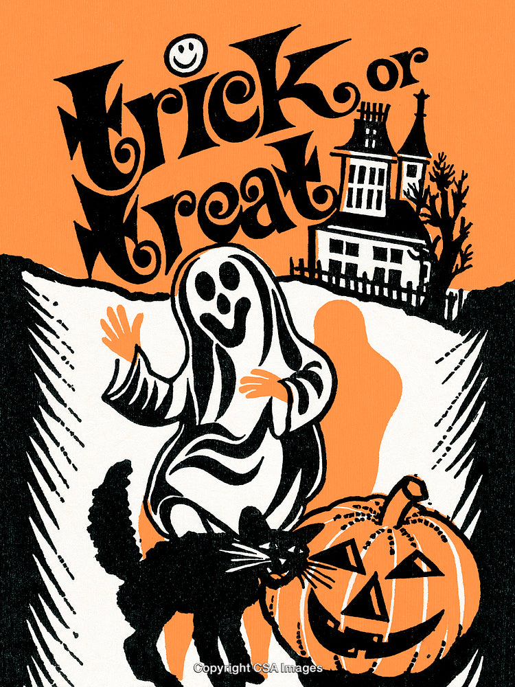 Vintage Halloween Illustration Featuring Ghost, Pumpkin, Black Cat, and Haunted House