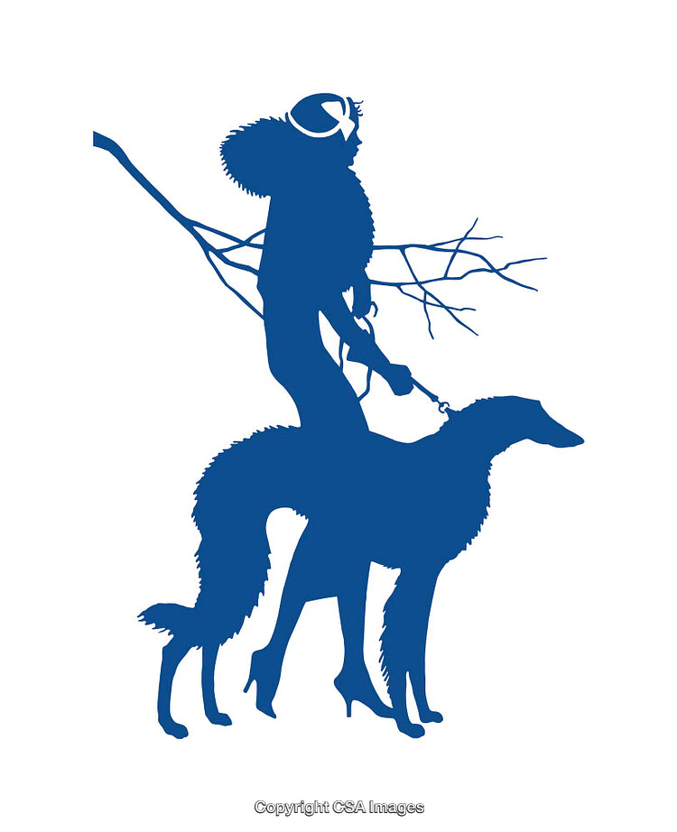 Elegant Silhouette of Woman Walking a Dog with Abstract Branches