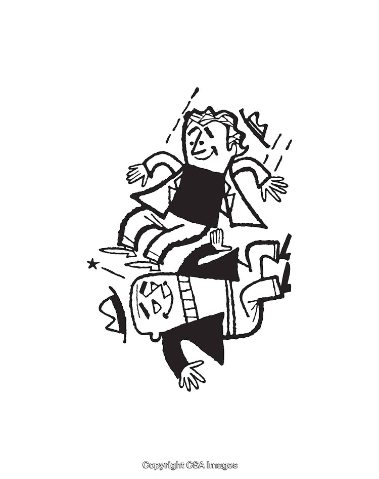Black and White Line Art Depicting Two Playful Characters in Crowns