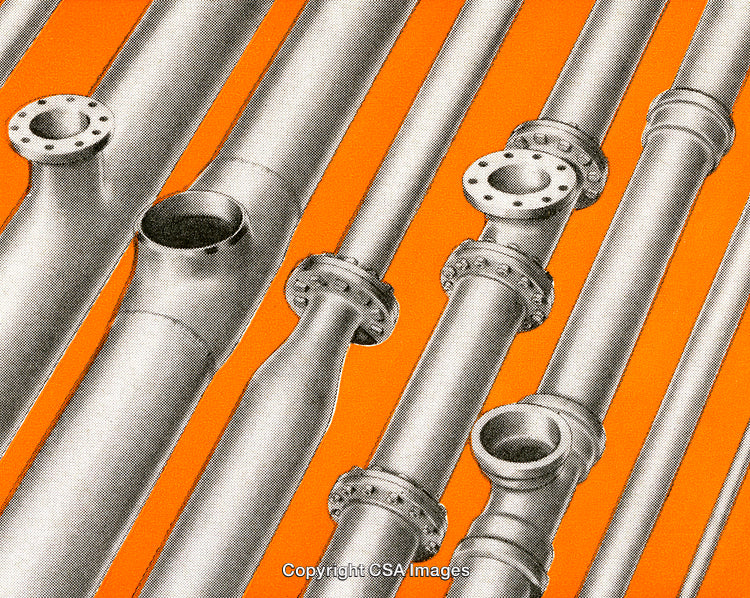 Industrial Steel Pipes Over Bright Orange Background Creating a Geometric Pattern