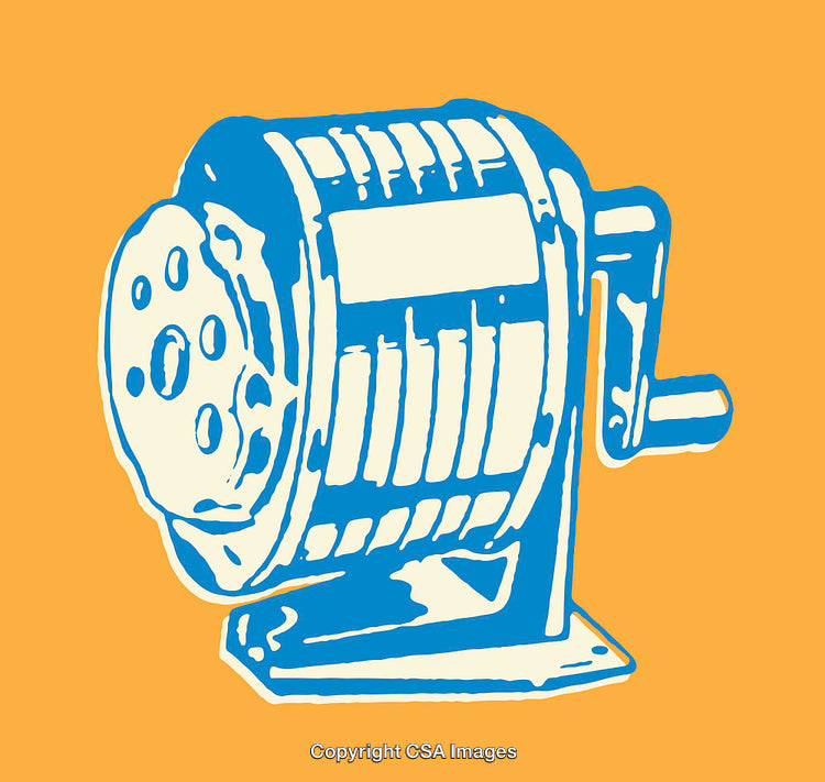 Retro Style Blue Meat Grinder on Orange Background in Line Art Illustration