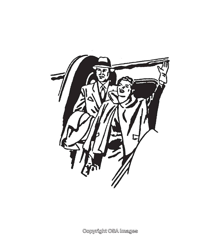 Vintage Black and White Illustration of Travelers Waving from an Airplane
