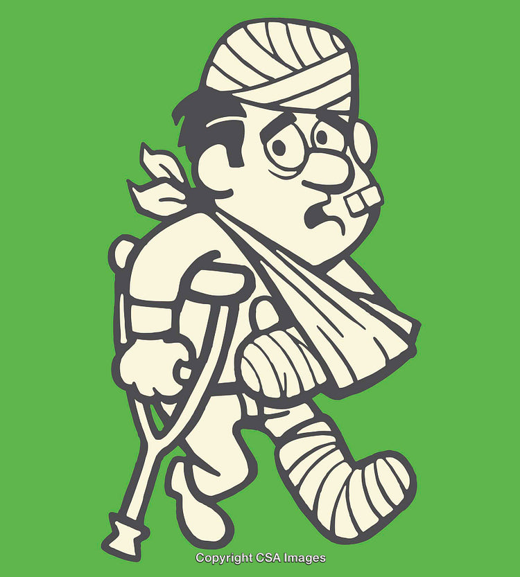Injured Cartoon Character Illustration with Multiple Bandages and Crutches