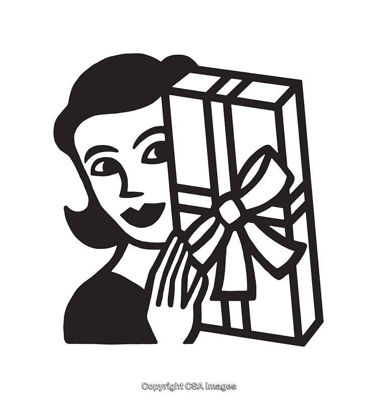 Black And White Illustration of Woman Holding a Decorative Gift Box
