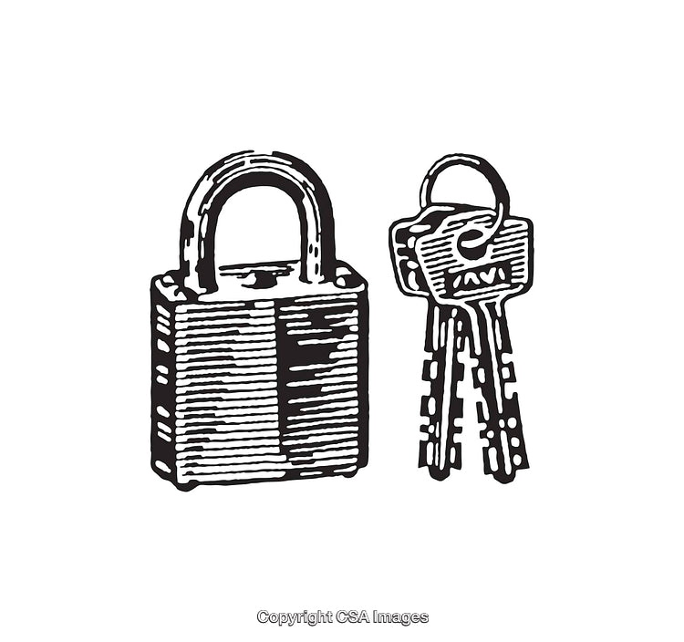 Black and White Illustration of Padlock and Keys Symbolizing Security