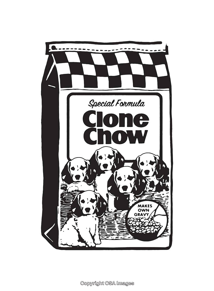 Black and White Line Art of Pet Food Packaging with Puppies