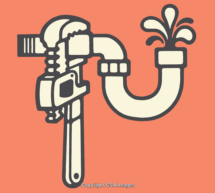 Colorful Line Art Illustration of Plumbing Wrench and Leaking Water Pipe