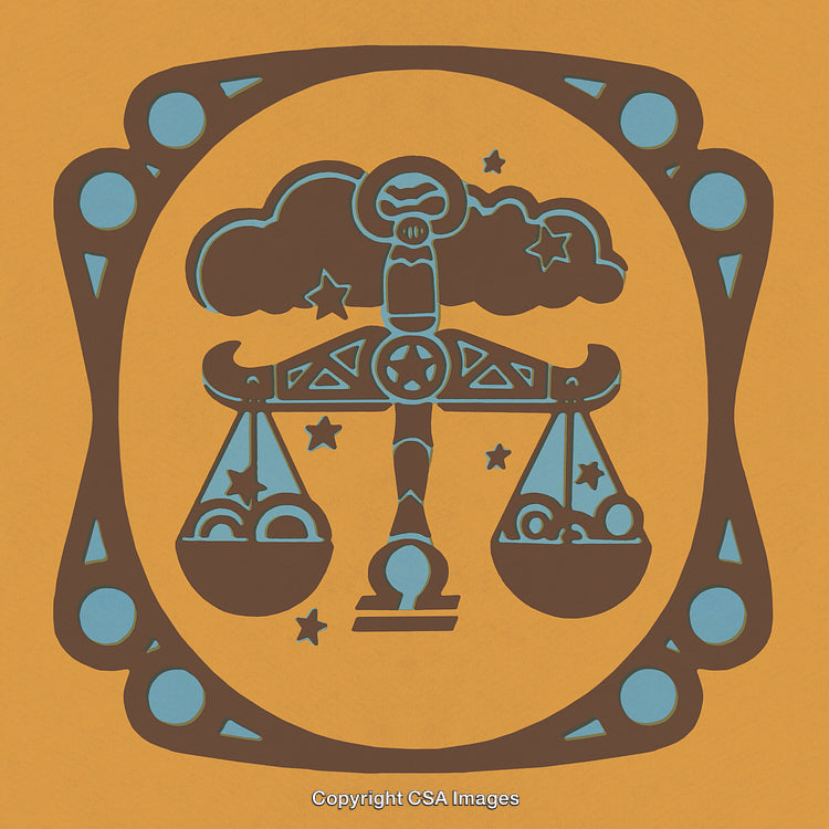 Stylized Scales of Justice Amid Stars in Retro Ornamented Design
