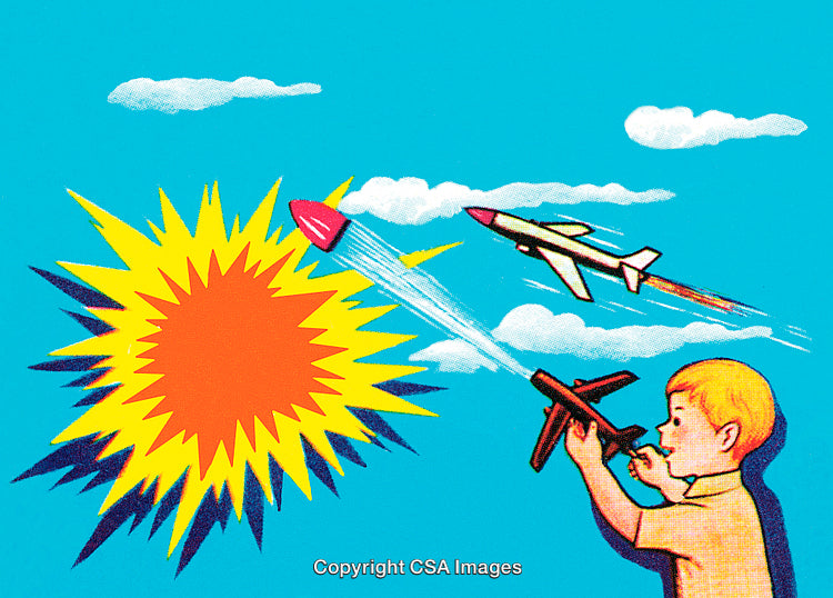 Illustration of Boy Firing Toy Aircraft in Mid-Air Combat
